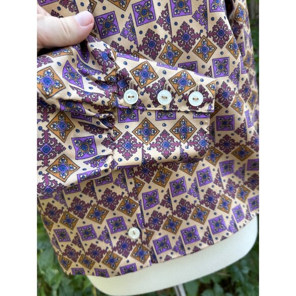 70s Dagger Collar Blouse All Over Purple Geometric Print Balloon Sleeve Custom - Picture 8 of 15